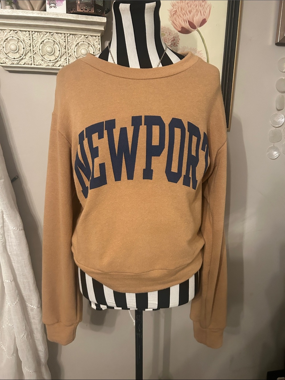 BUCKETLIST Camel Crewneck Sweater with Navy NEWPORT Graphic